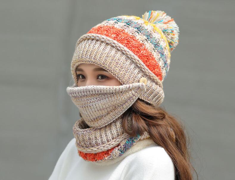 겨울 마스크 모자 스카프 세트 두꺼운 따뜻한 여성 겨울 액세서리 양털 니트 모자 스카프 세트 3pcs 겨울 승마 모자